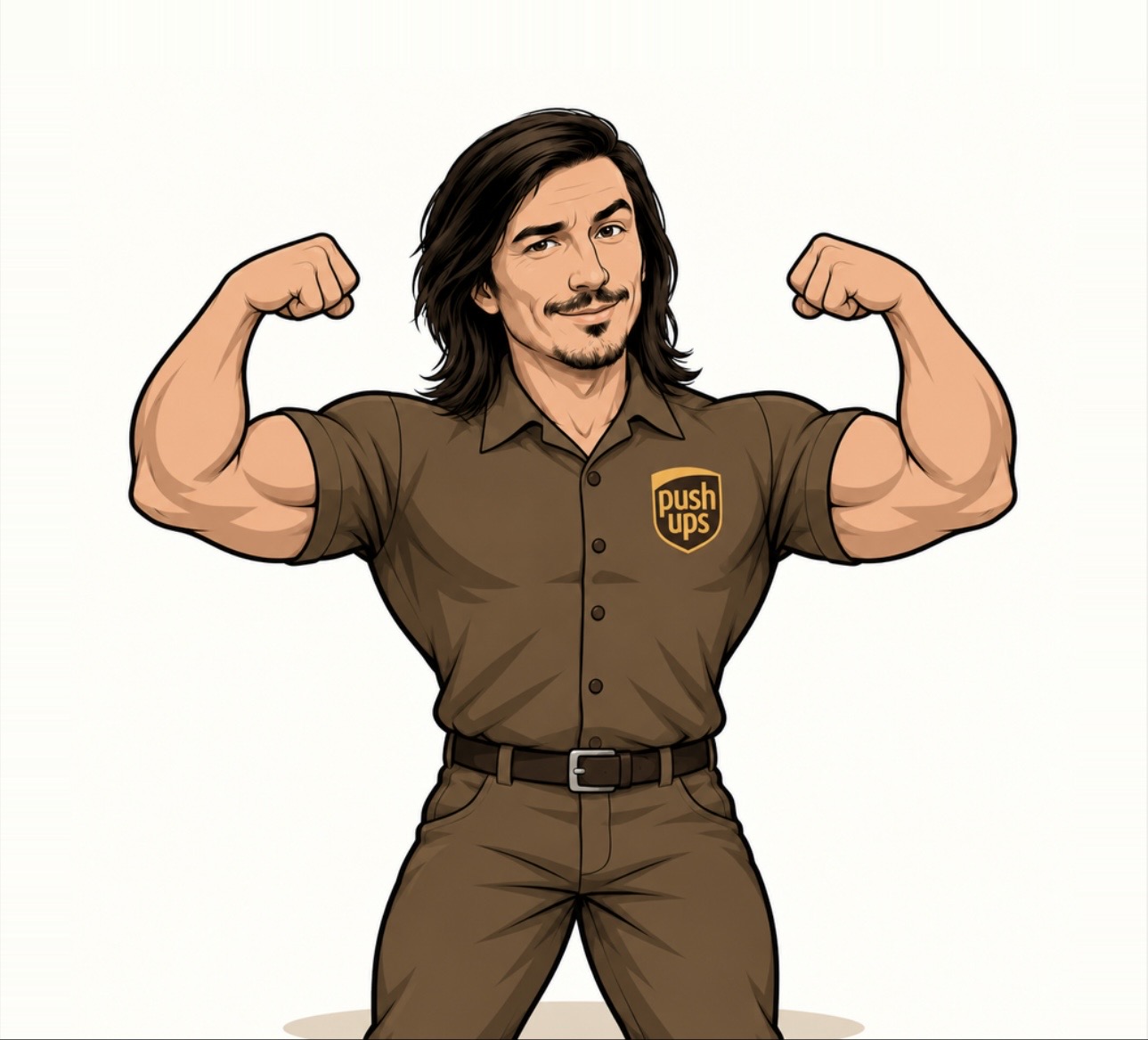PUSH-UPS delivery guy flexing both arms
