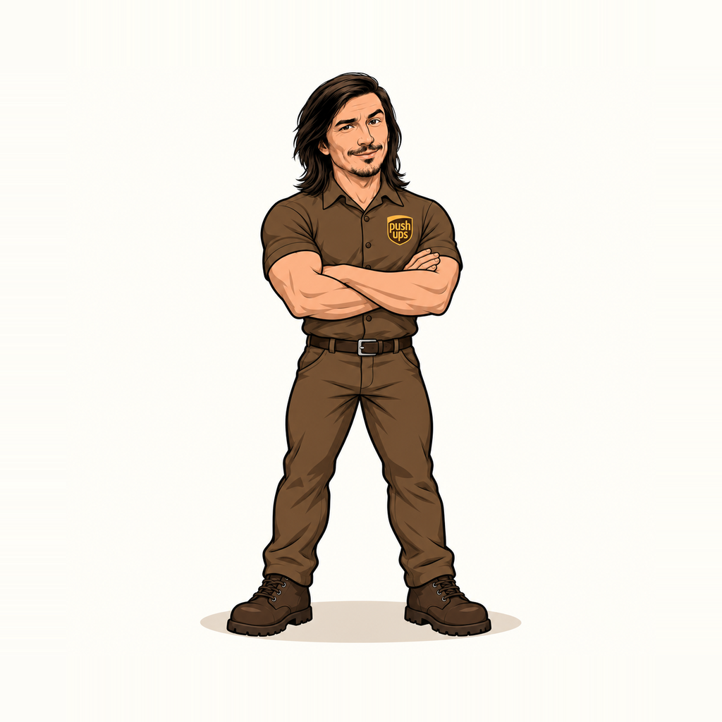 PUSH-UPS delivery guy standing with arms crossed