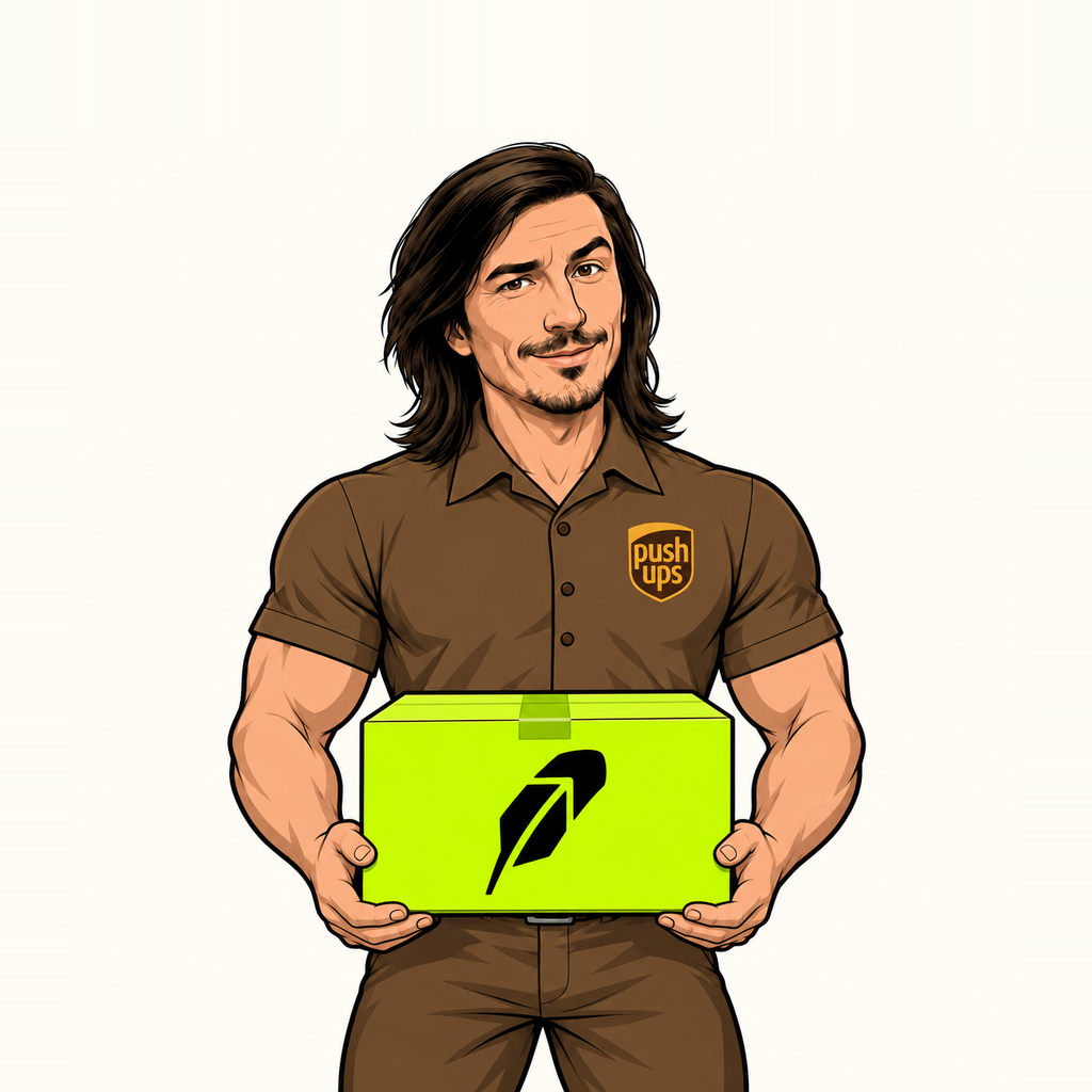 PUSH-UPS delivery guy holding green RH package