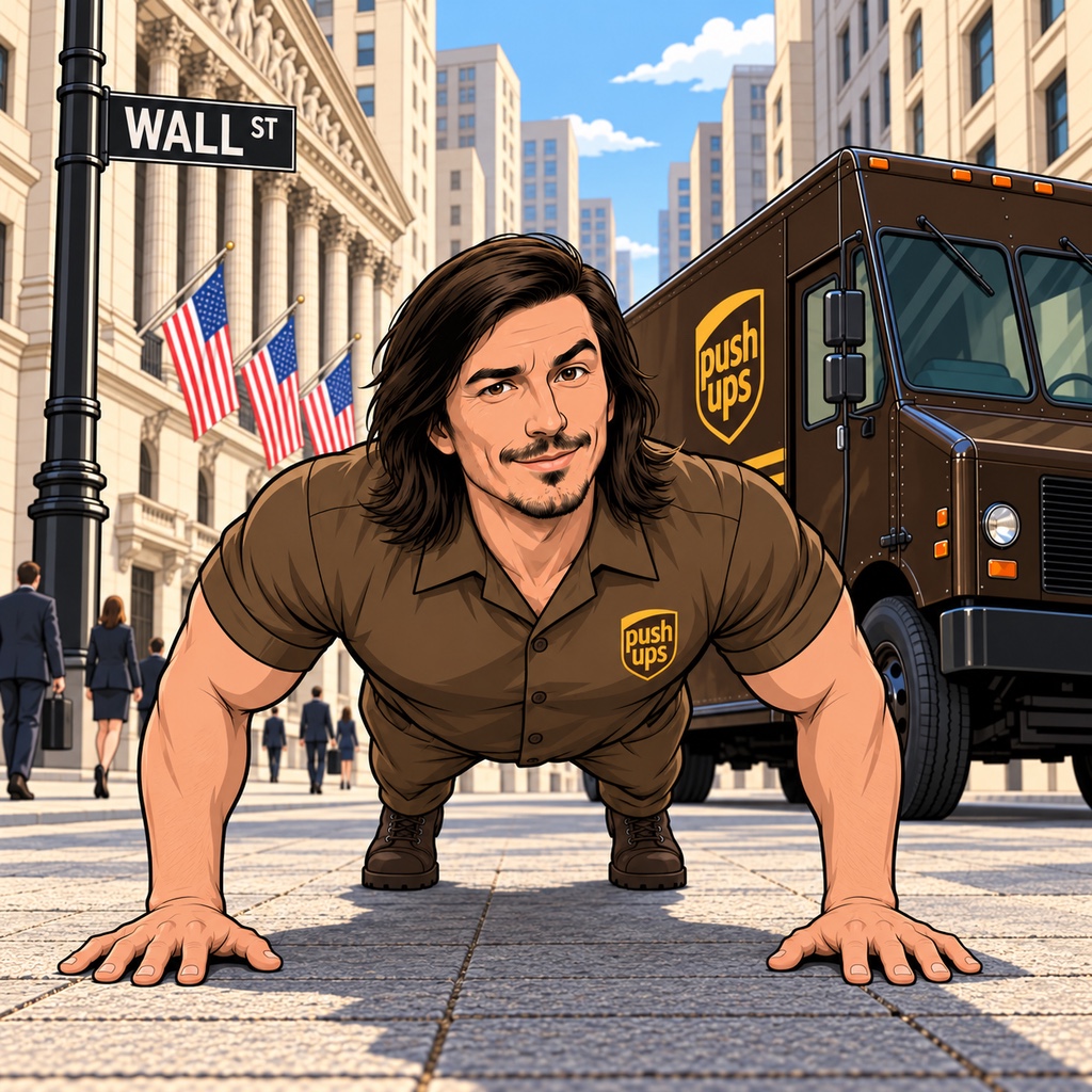 PUSH-UPS delivery guy doing push-ups on Wall Street next to the van